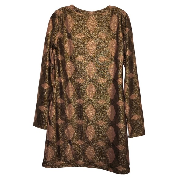 Elie TAHARI - Bronze Metallic Long Sleeve V-Neck Geometric Shift Dress - Size S - Picture 2 of 3